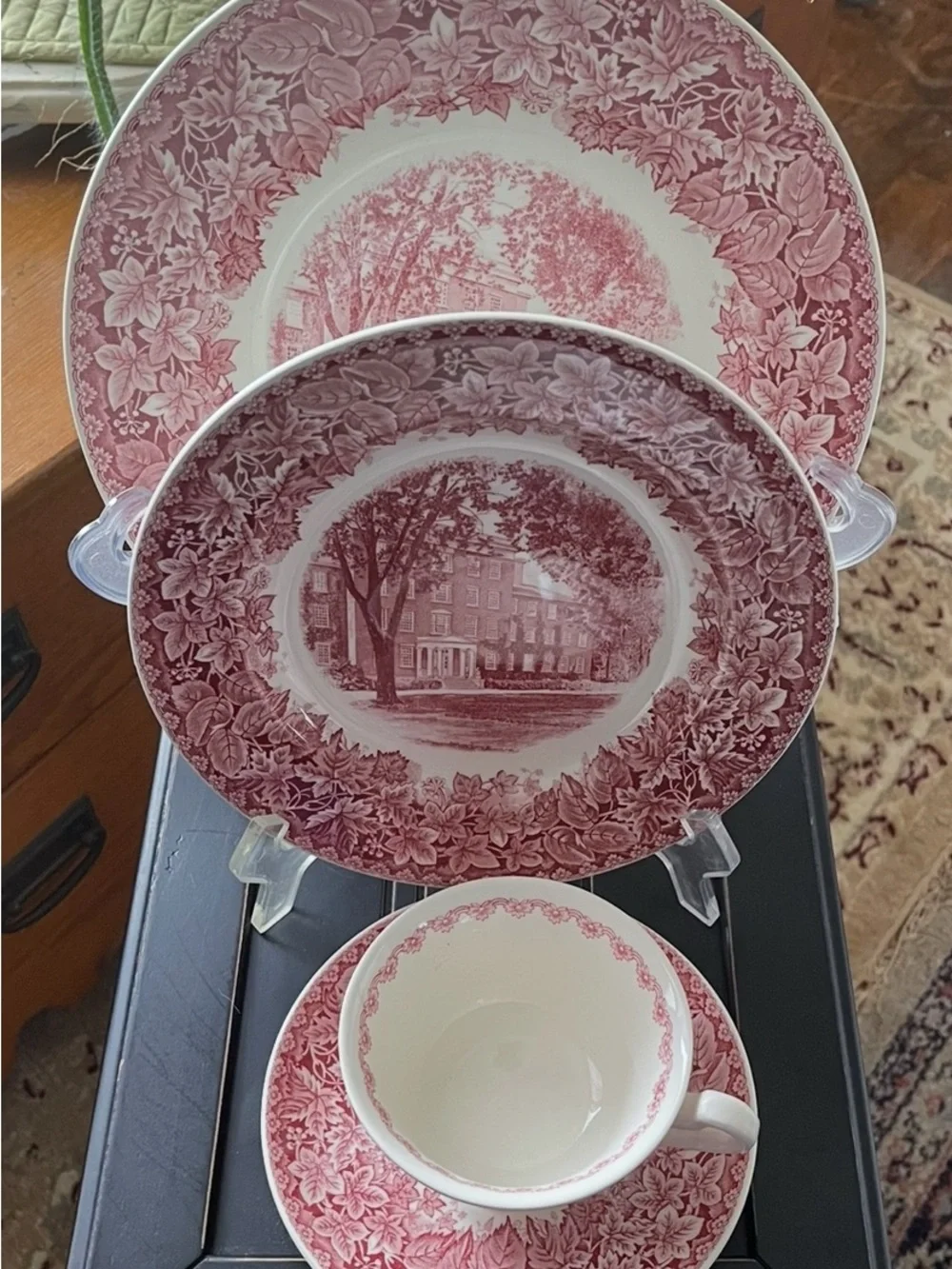 2 settings Wedgwood Red Transferware Dinner and Salad Plates and Cup and Saucer